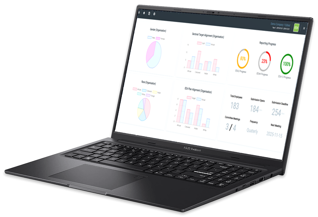 Transformation dashboard showing Employment Equity progress, workforce profiles and reporting status